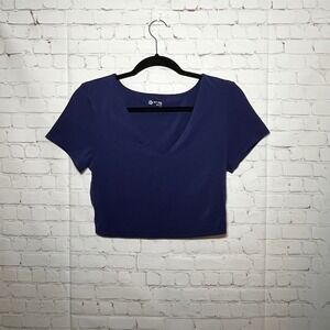 ✨Aerie Offline Navy Blue Seamless V Neck Cropped Tee Shirt Workout Women's Sz L